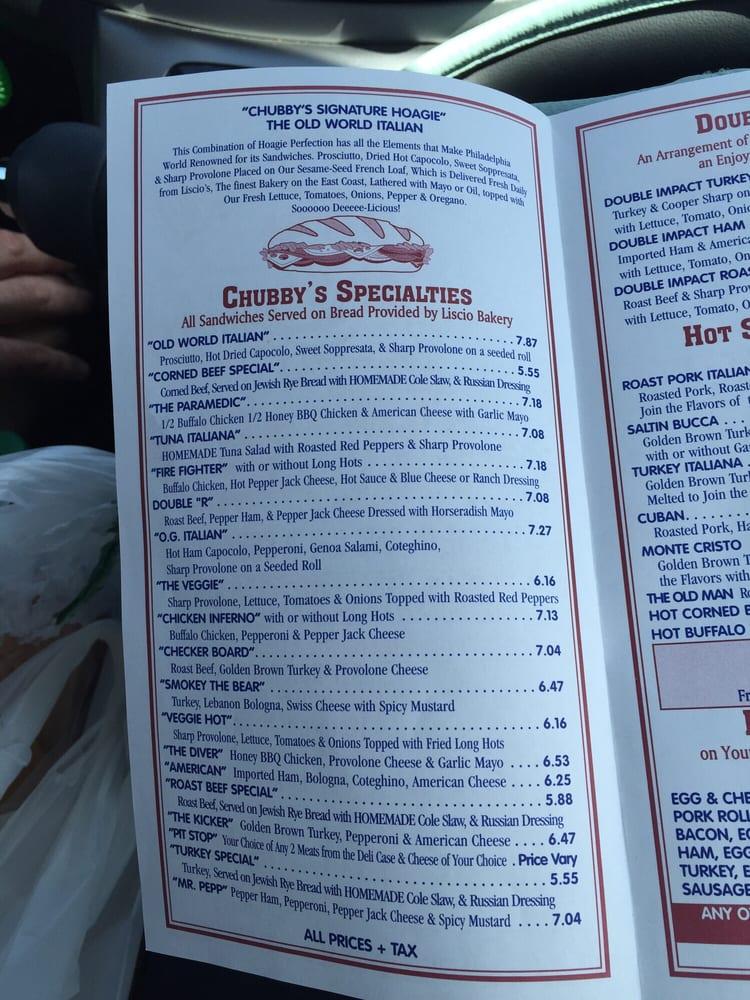 Menu at Chubby's Fox Chase Deli restaurant, Philadelphia