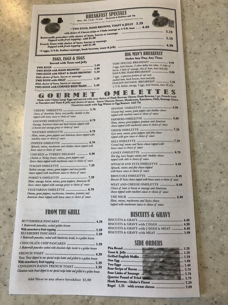 Menu at Dan's Diner restaurant, Warren