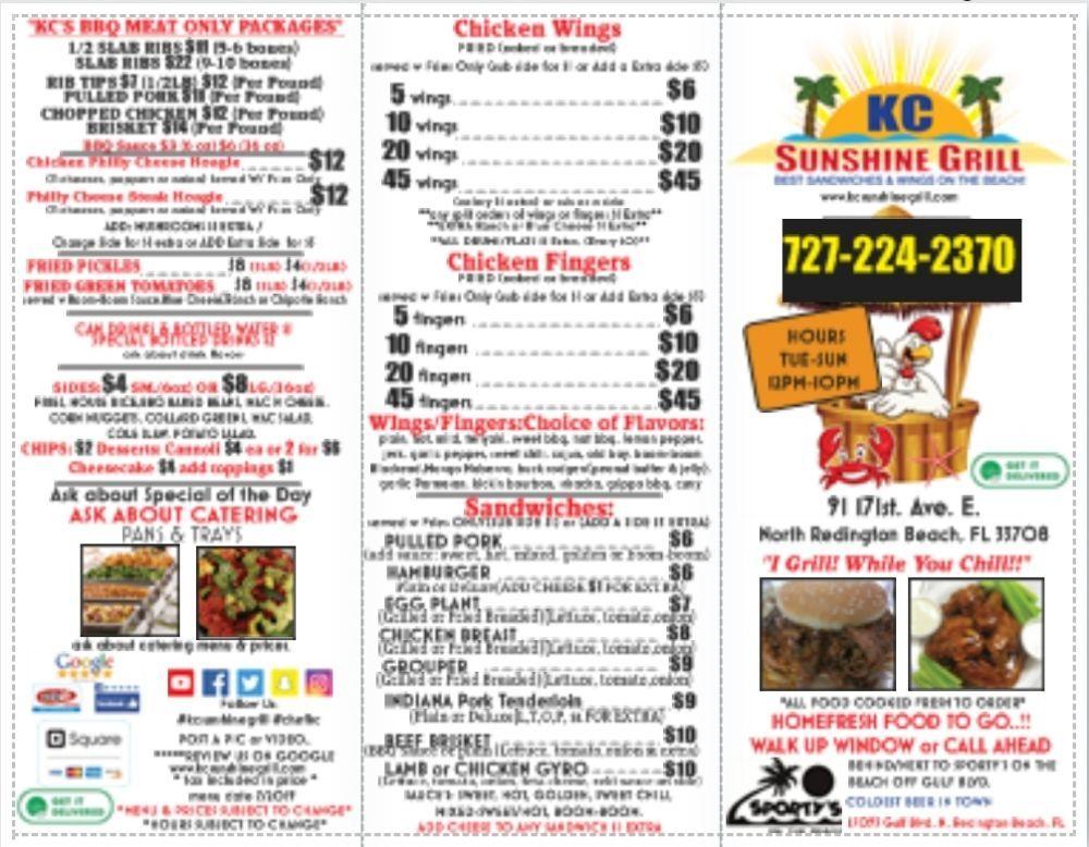 Menu at KC Sunshine Grill BBQ, North Redington Beach