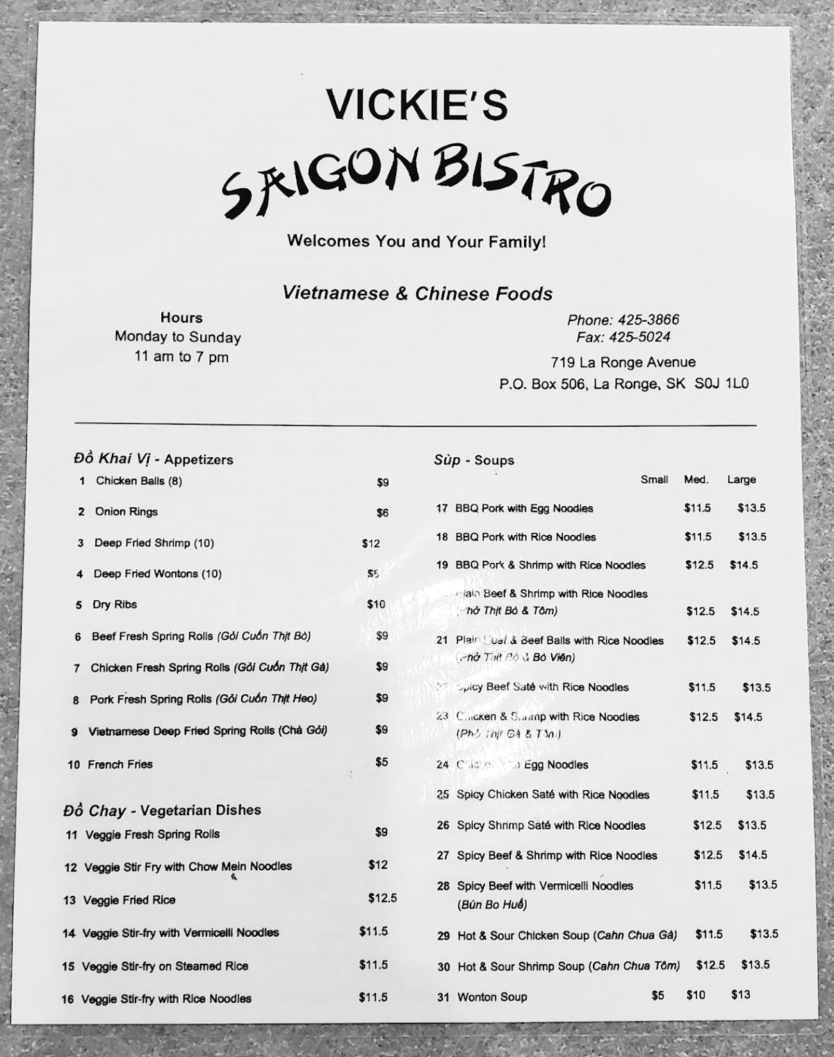 Menu at Vickie Saigon Bistro restaurant, La Ronge
