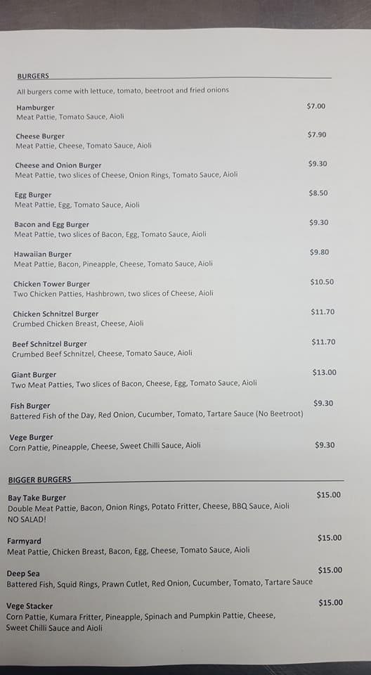 Menu at Bay Take Away restaurant, Takaka