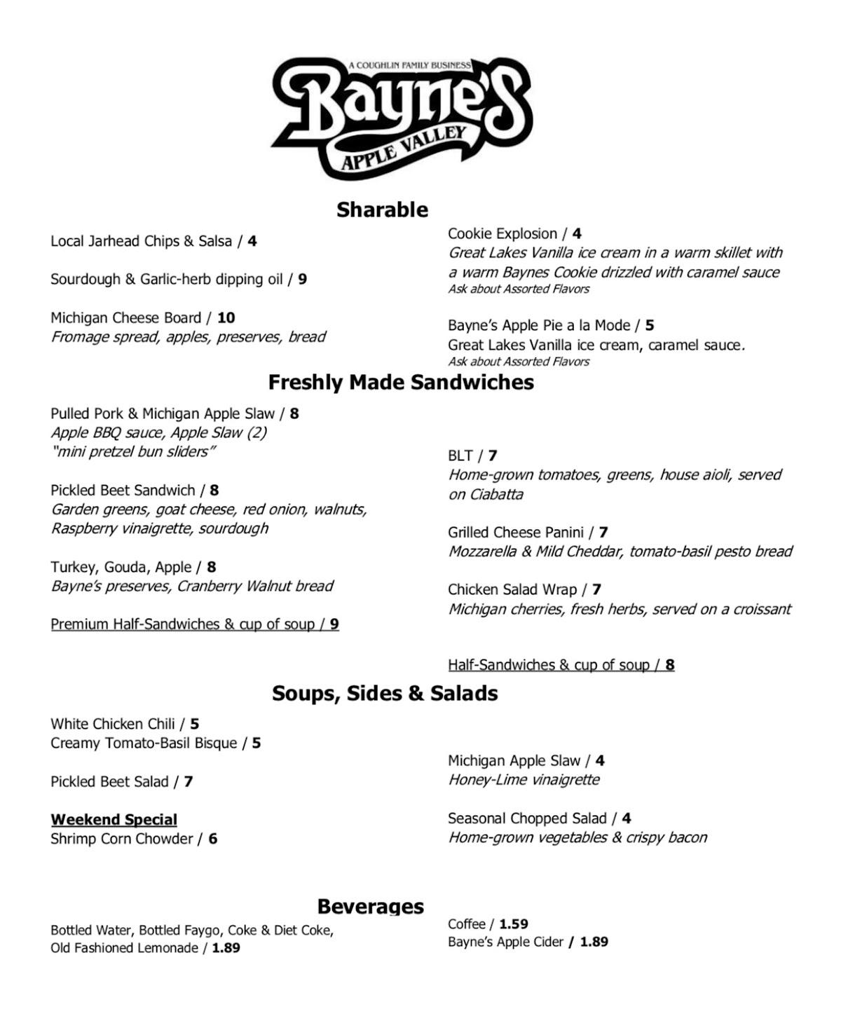 Menu at Bayne's Apple Valley restaurant, Freeland