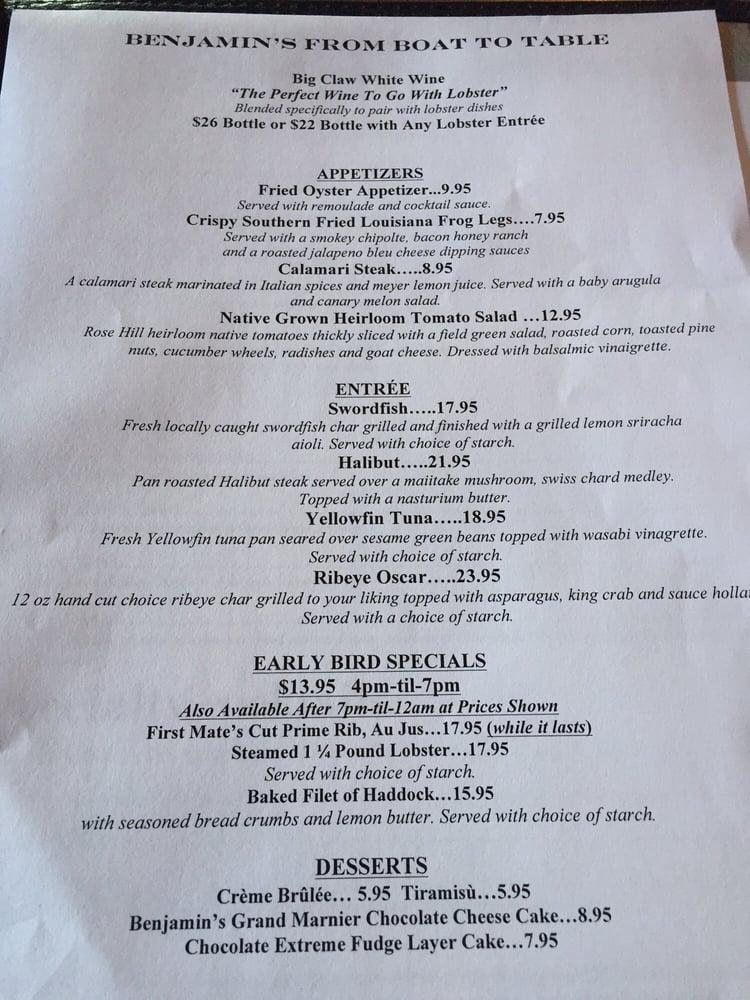 Menu at Benjamin's restaurant, Newport