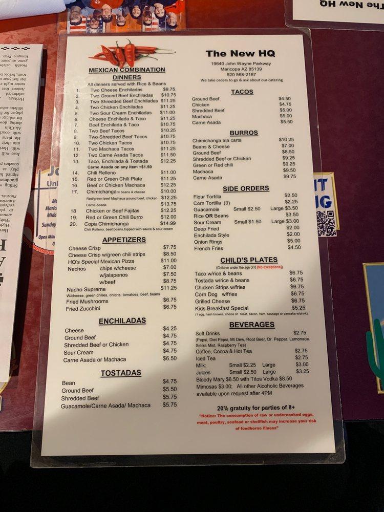 Menu at Headquarters Cafe, Maricopa, N Maricopa Rd