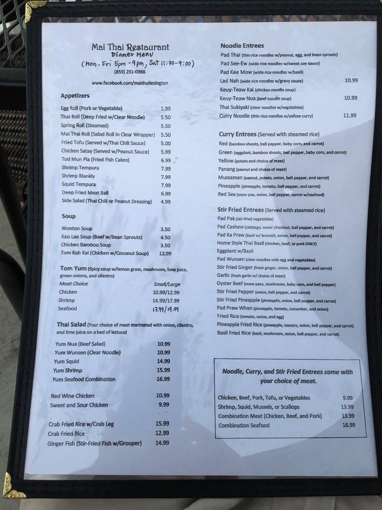 Menu at Mai Thai Restaurant, Lexington, 304 Southland Dr