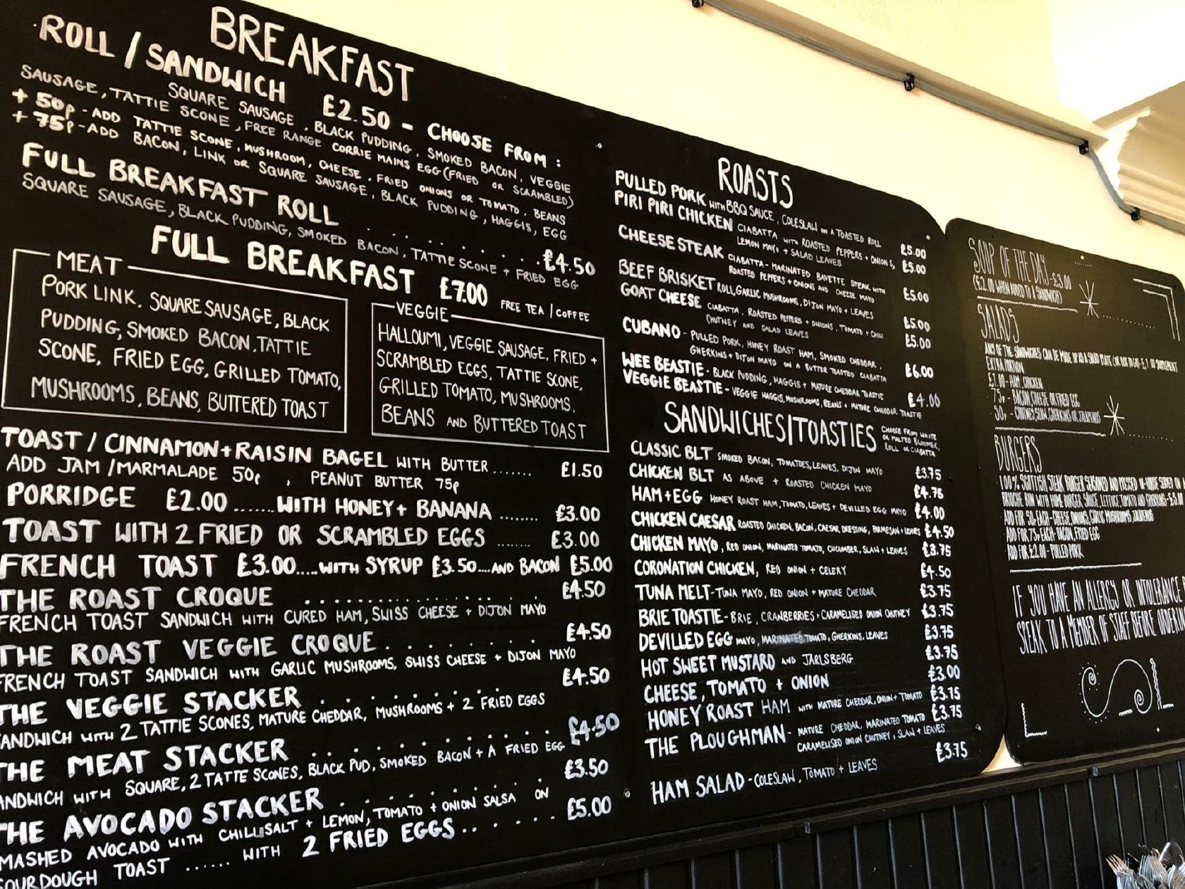 Menu at Roast cafe, Glasgow
