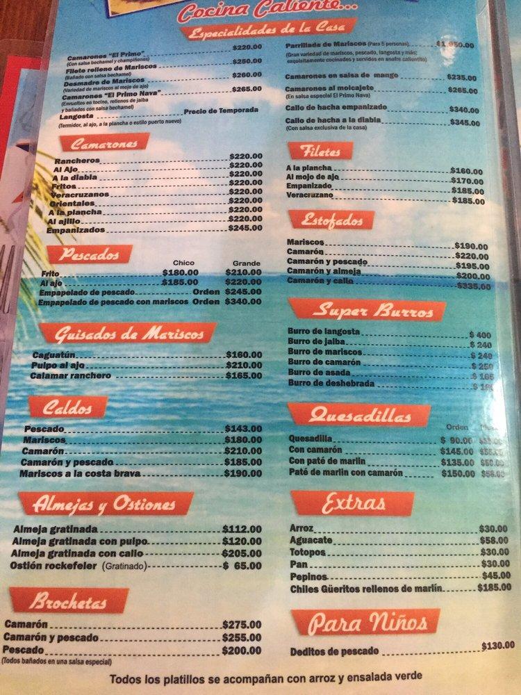 Menu at El Primo Nava restaurant, Ensenada