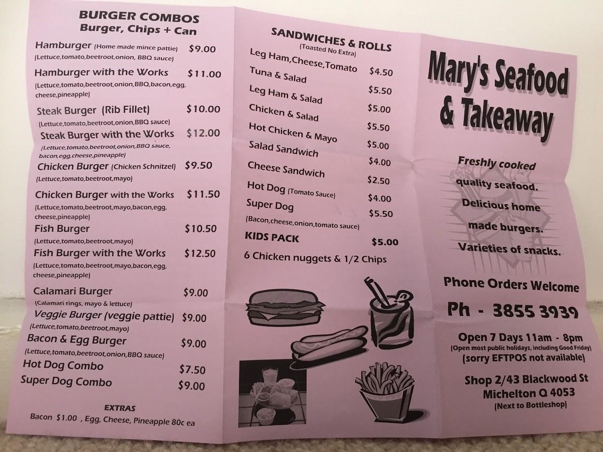 Menu at Mary's Seafood restaurant, Mitchelton
