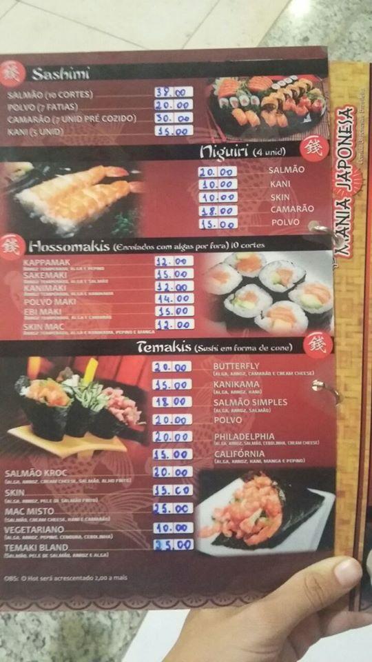 Menu at Sushi Mania Japonesa cafeteria, Manaus, Av. Torquato Tapajós nº ...