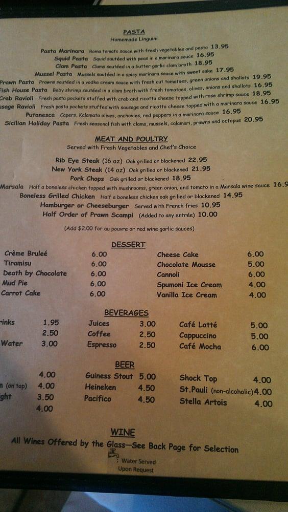 Menu at Monterey's Fish House restaurant, Monterey