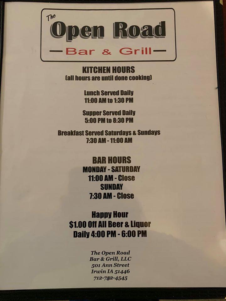Menu at The Open Road Bar & Grill, Irwin