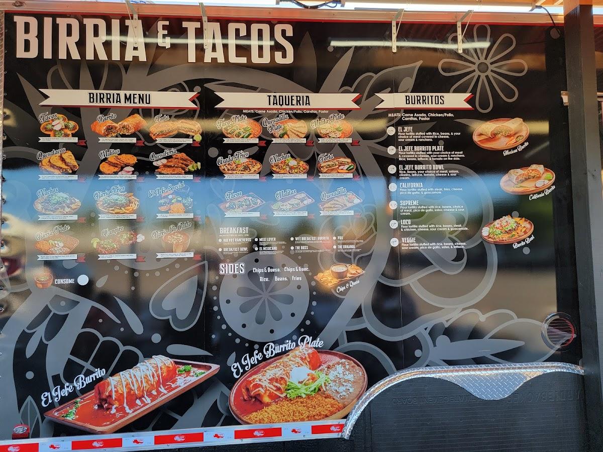 Menu at El Jefe Birria & Tacos restaurant, Vancouver