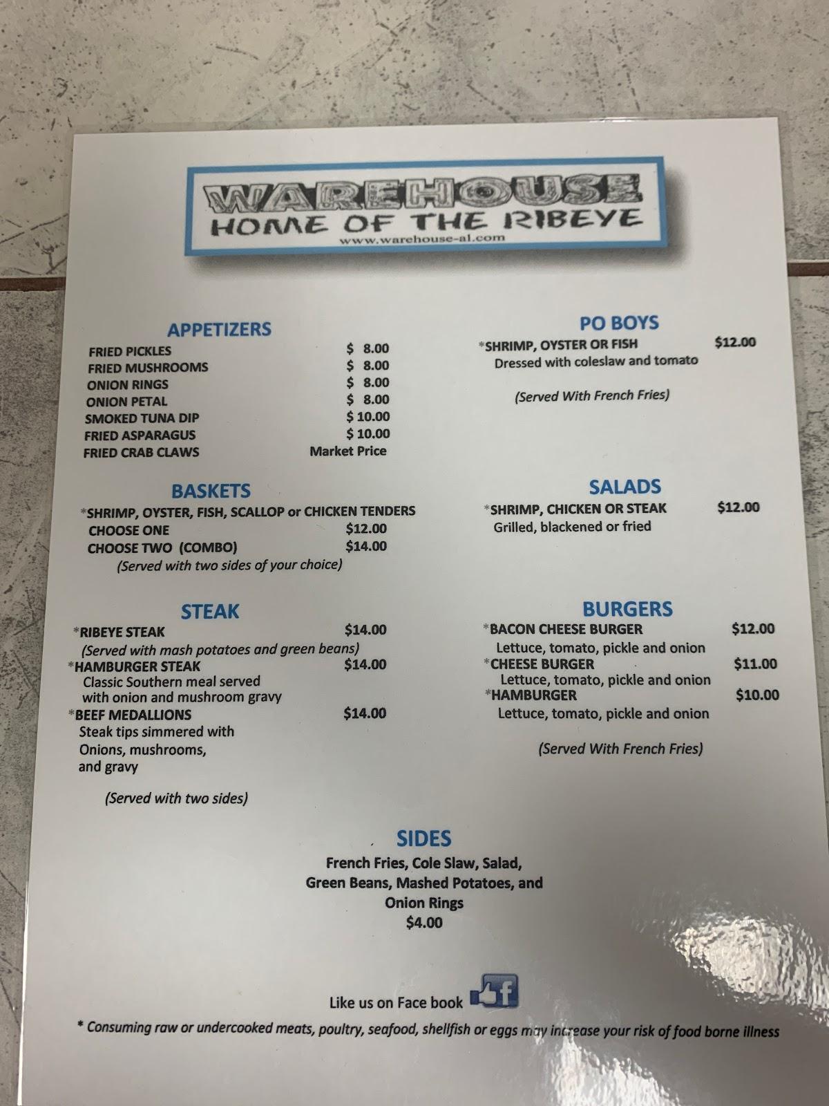 Menu at Warehouse Restaurant, Robertsdale, AL59