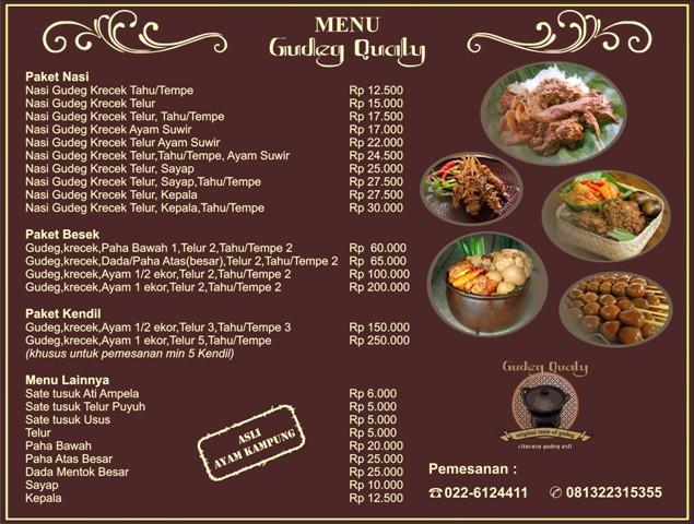 Menu at Gudeg Mimi restaurant, Bandung