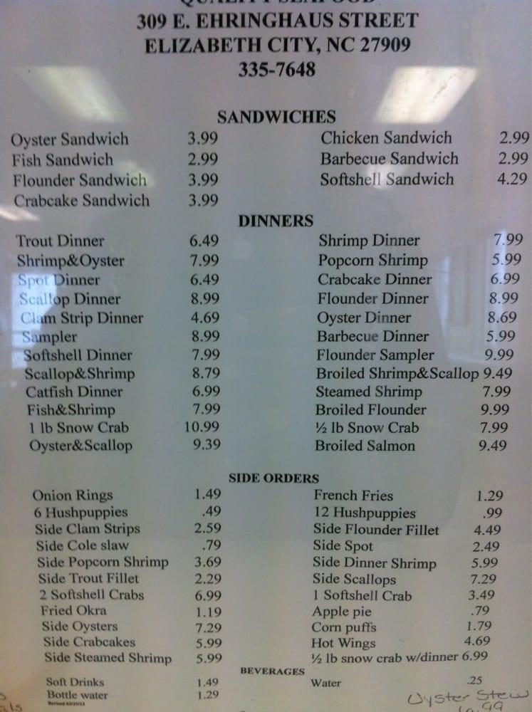 Menu at Quality Seafood Market restaurant, Elizabeth City