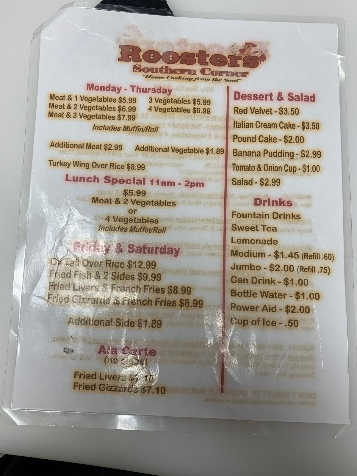 Menu at Rooster's Southern Corner restaurant, Villa Rica