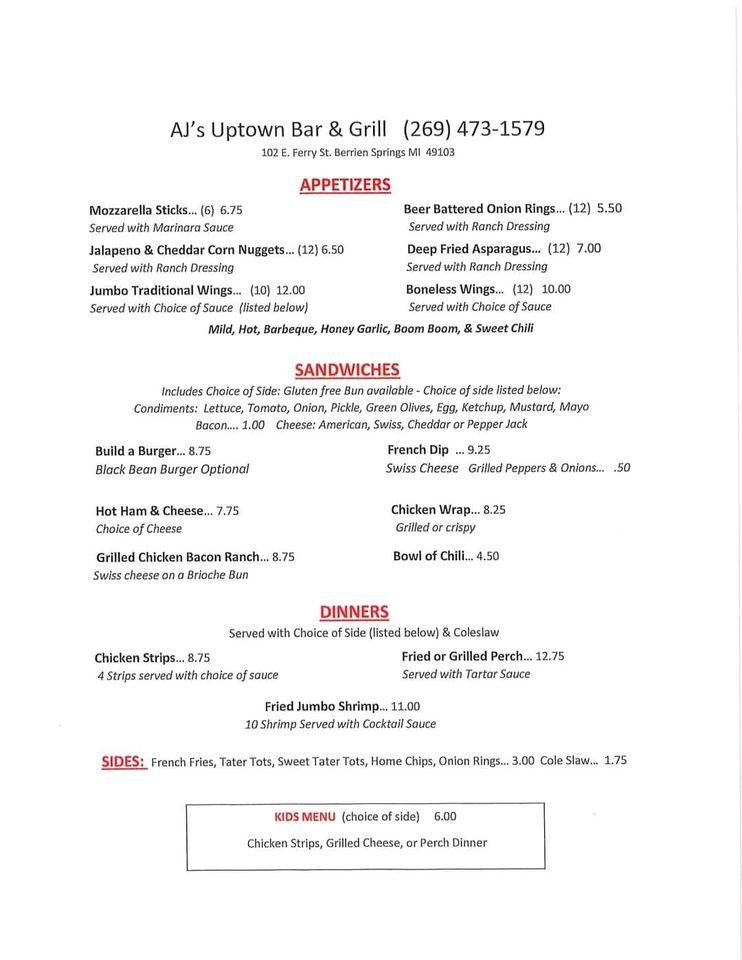 Menu at Aj's Uptown Bar & Grill, Berrien Springs, 102 E Ferry St