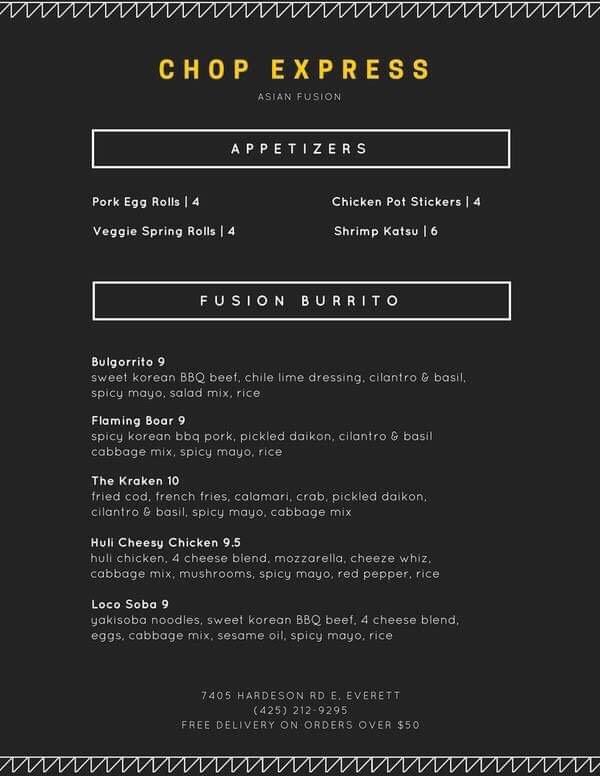 Menu at Chops restaurant, Everett