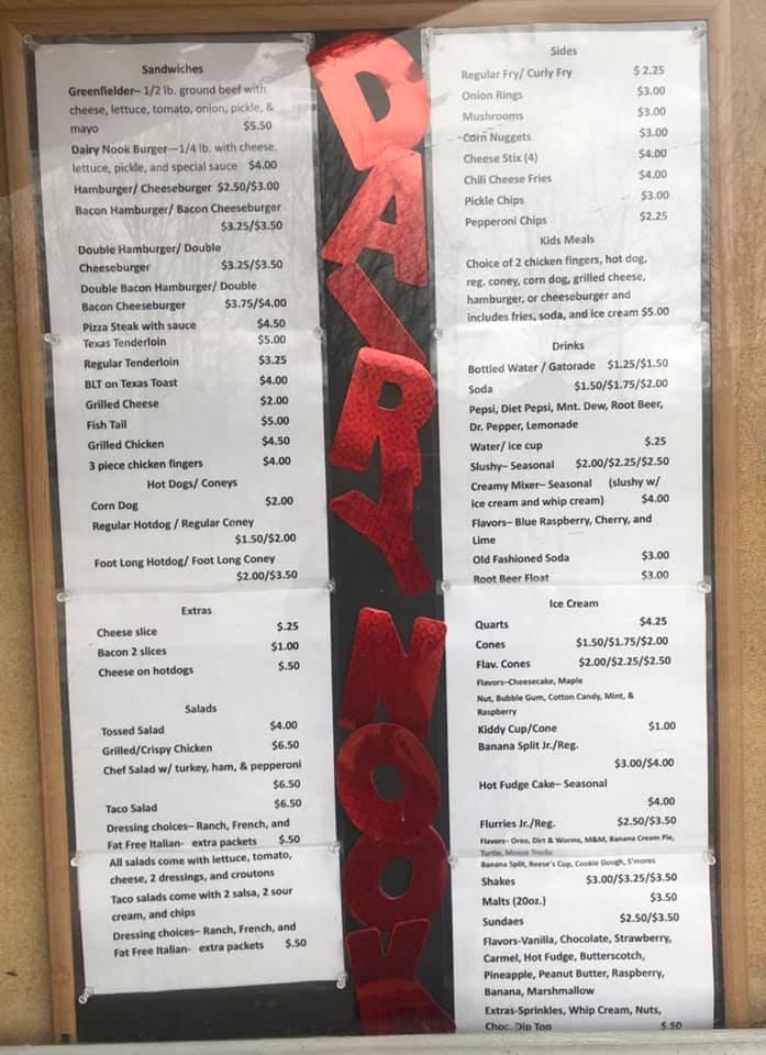 Menu at Dairy Nook restaurant, Greenfield, OH753