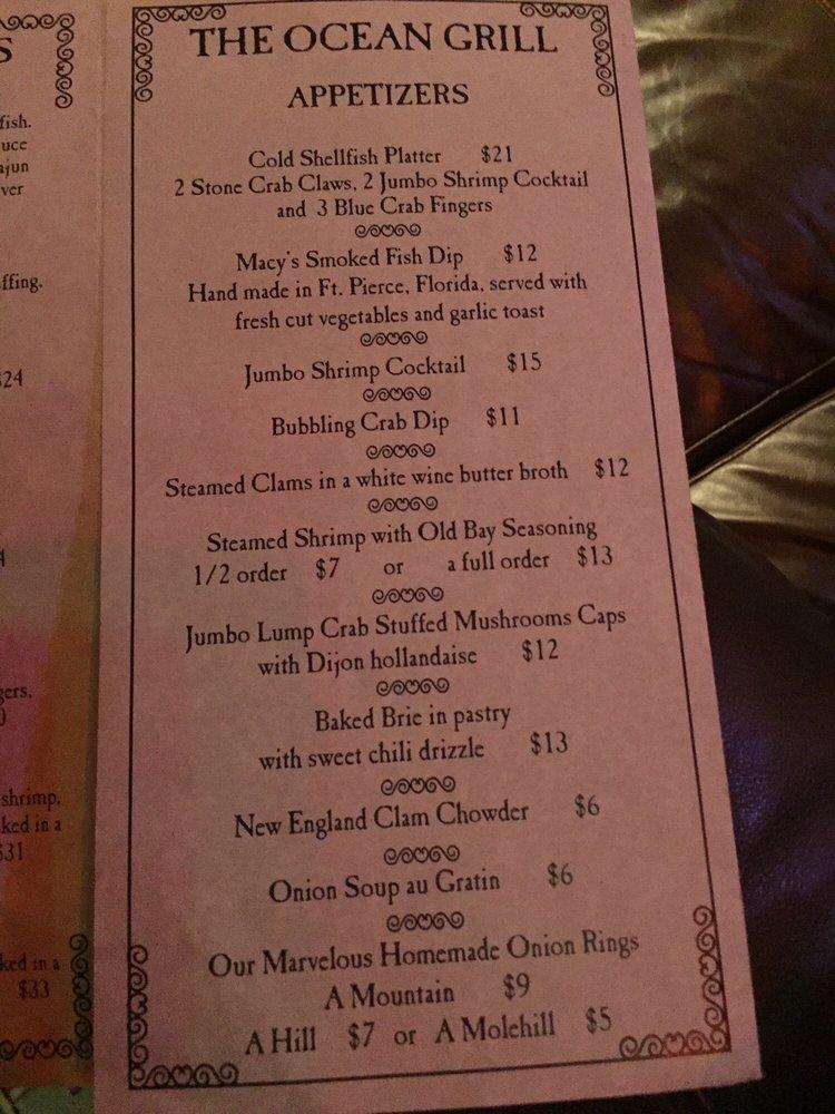 Menu at Ocean Grill steakhouse, Vero Beach, Beachland Blvd