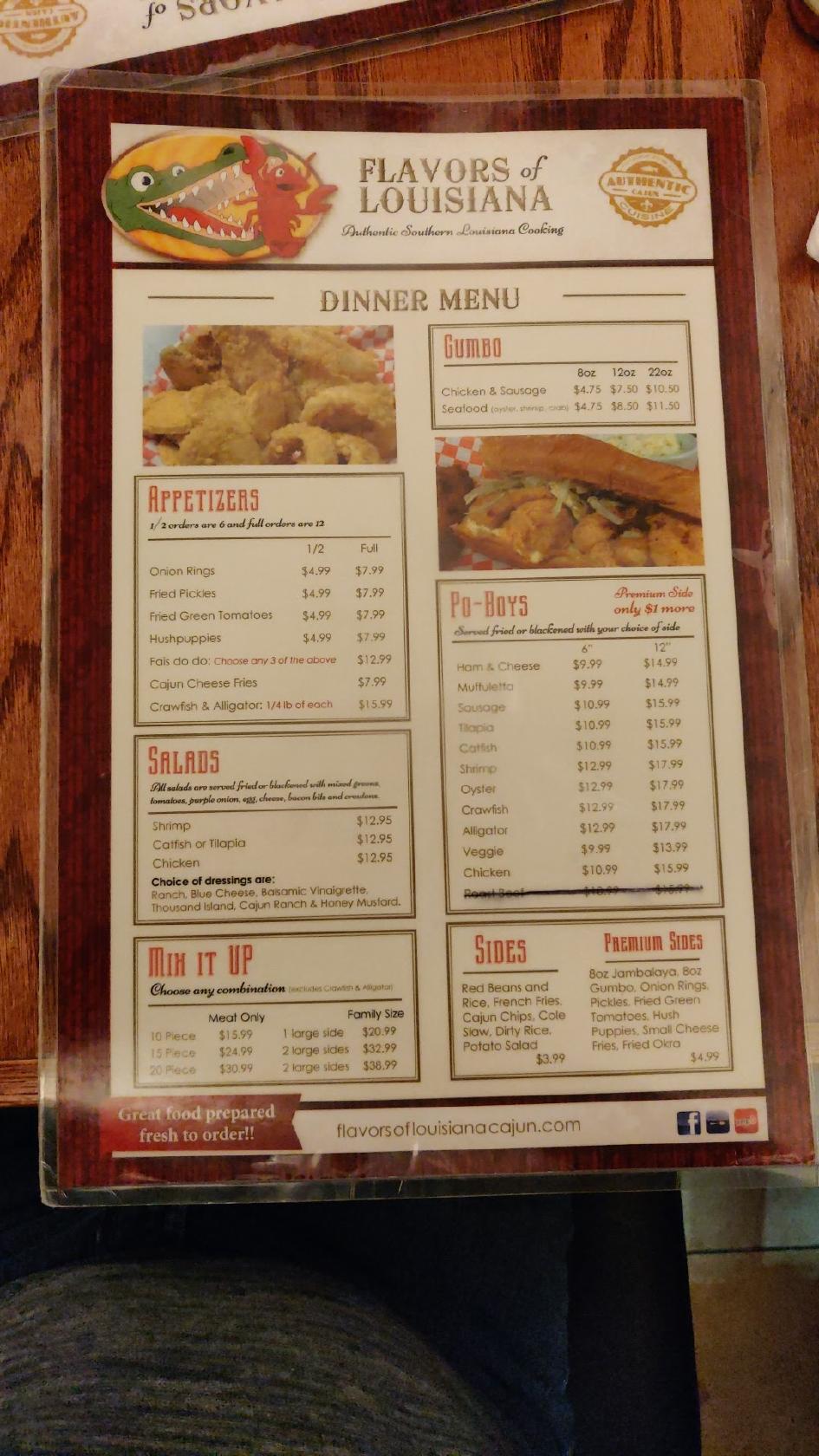 Menu at Flavors of Louisiana restaurant, Tulsa