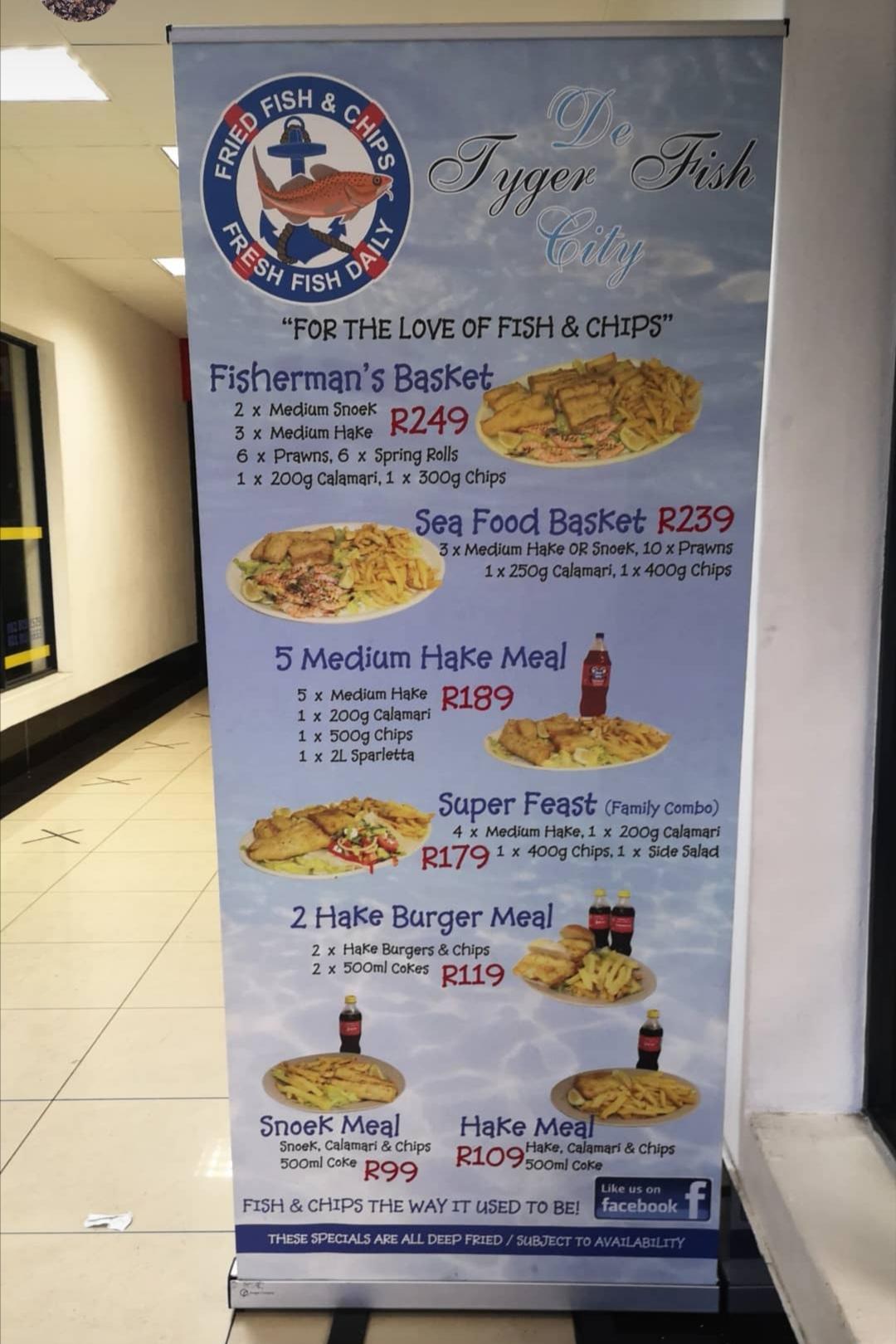 Menu at De Tyger Fish City restaurant, Cape Town