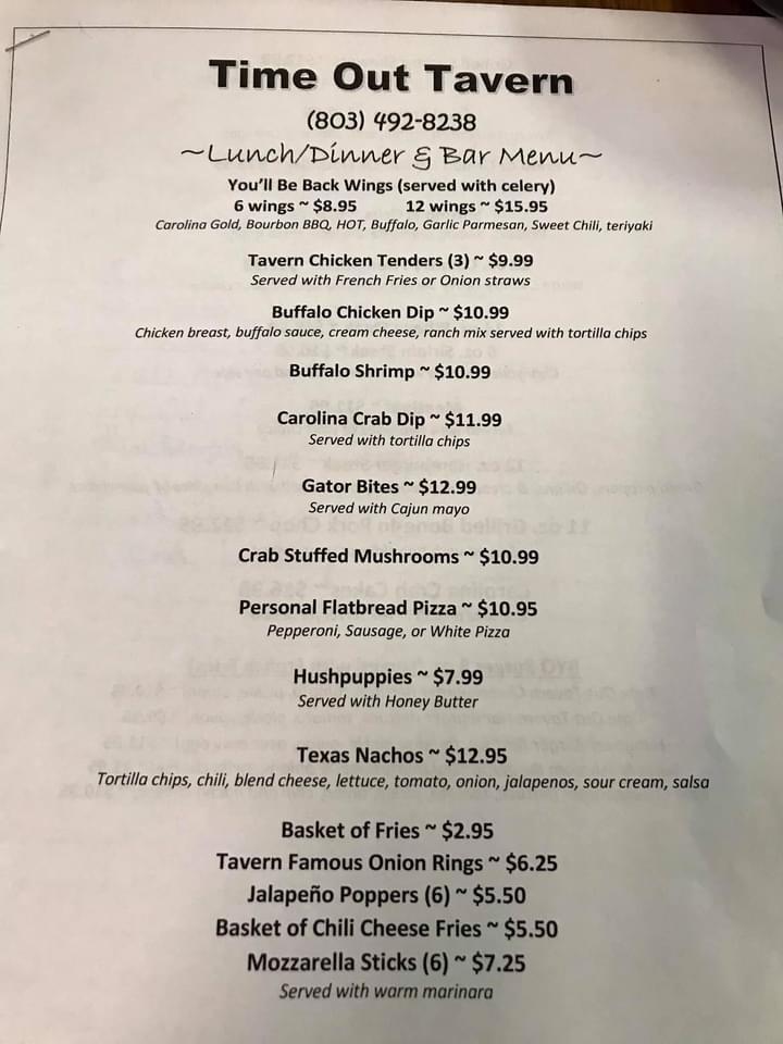 Menu at Time Out Tavern pub & bar, Eutawville