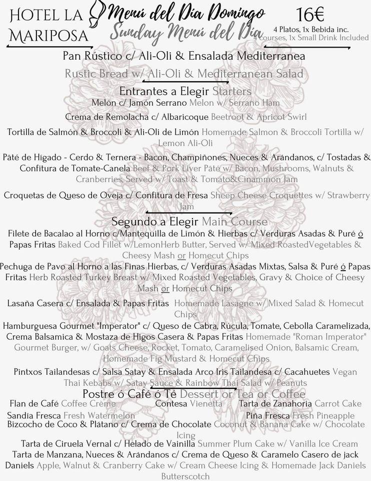 Menu at Hotel la Mariposa restaurant, Spain