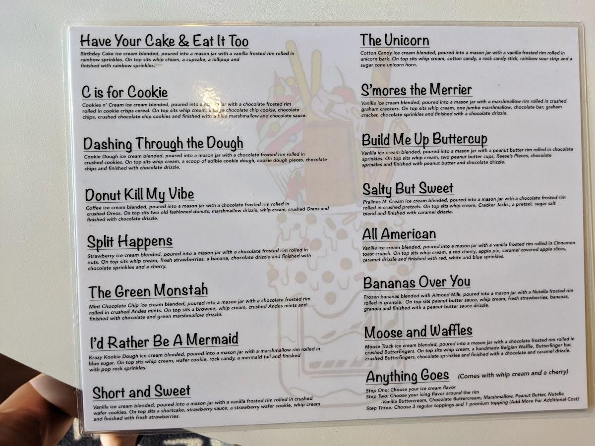 Menu at The Crazy Mason Milkshake Bar, Myrtle Beach