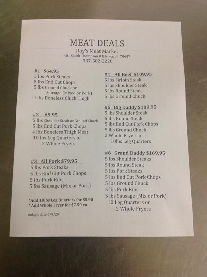 Menu at Roy's Meat Market restaurant, Iowa