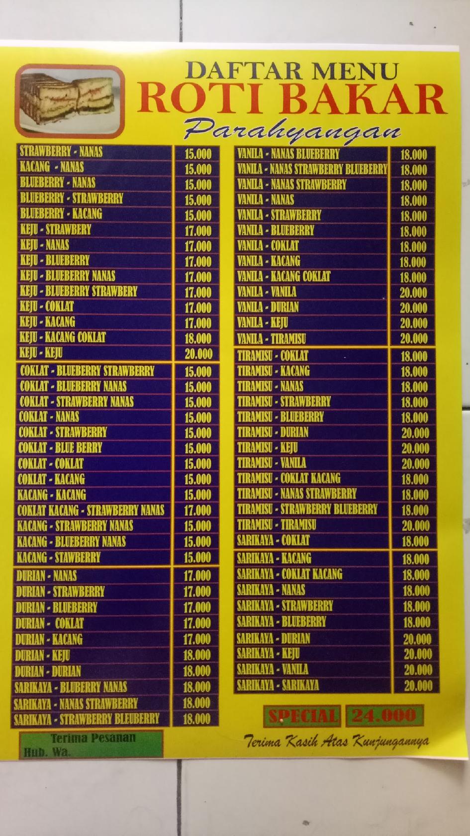 Menu at Roti Bakar Parahyangan MASNAGA restaurant, Bekasi Regency