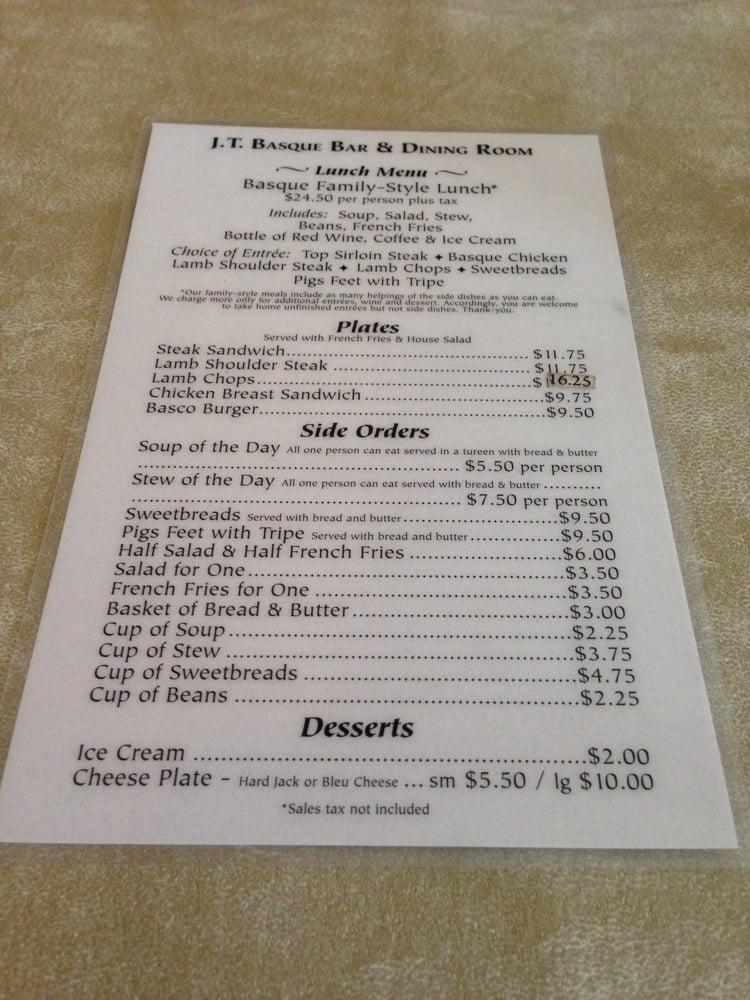 Menu at J T Basque Bar & Dining Room, Gardnerville