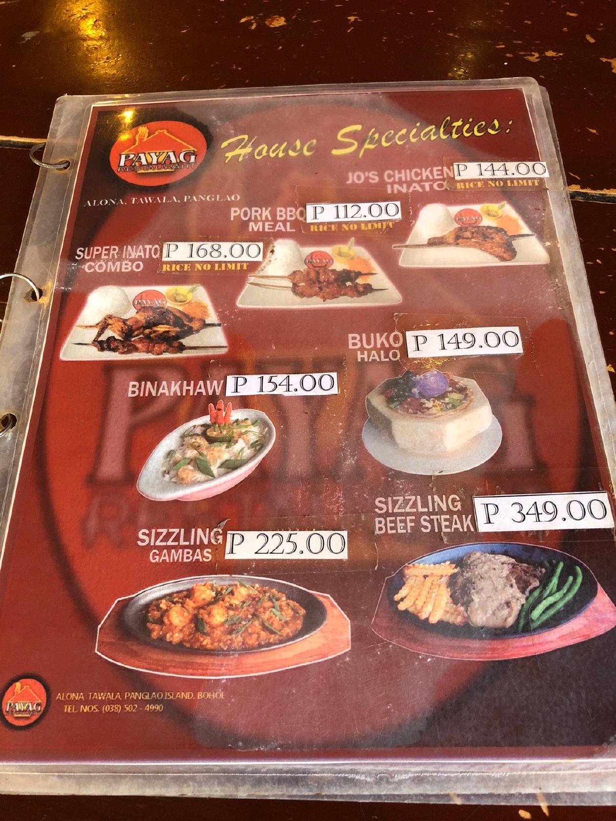 Menu at PAYAG Poblacion Panglao restaurant, Panglao, Tawala