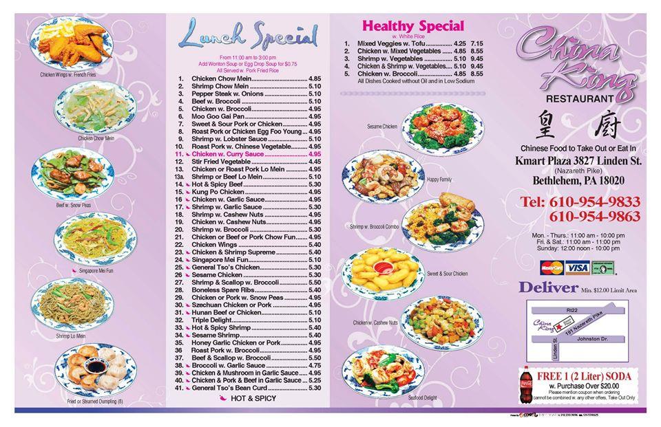Carta del restaurante China King, Belén, Nazareth Pike