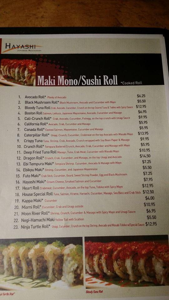 Menu at Hayashi Japanese Restaurant, Gurnee