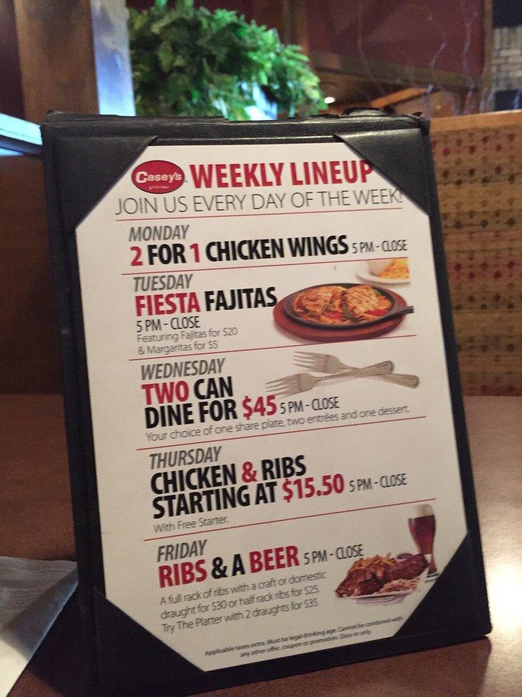 Menu at Casey's Grill Bar, Kenora