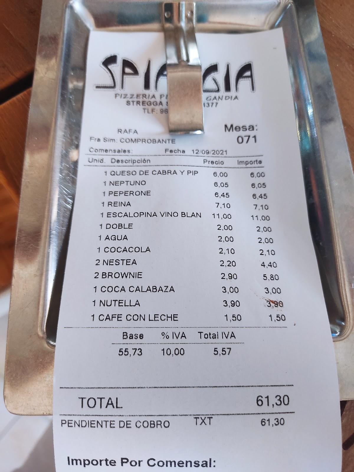 Carta de Pizzería Spiaggia Playa de Gandía, Grau y Playa, Carrer del Serpis