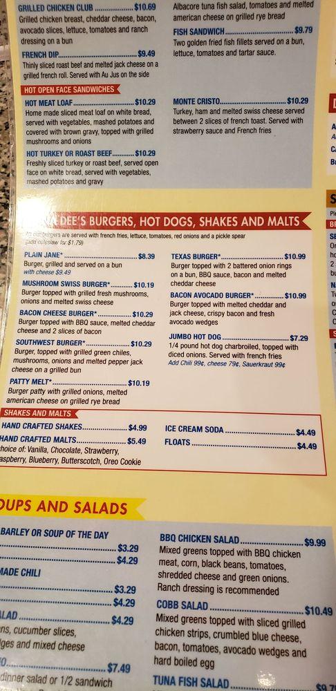 Menu at Nana Dee's Diner restaurant, Mesa