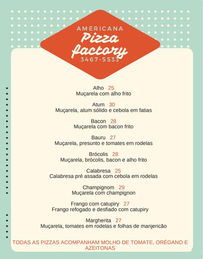 Menu em Pizza Factory pizzaria, Americana