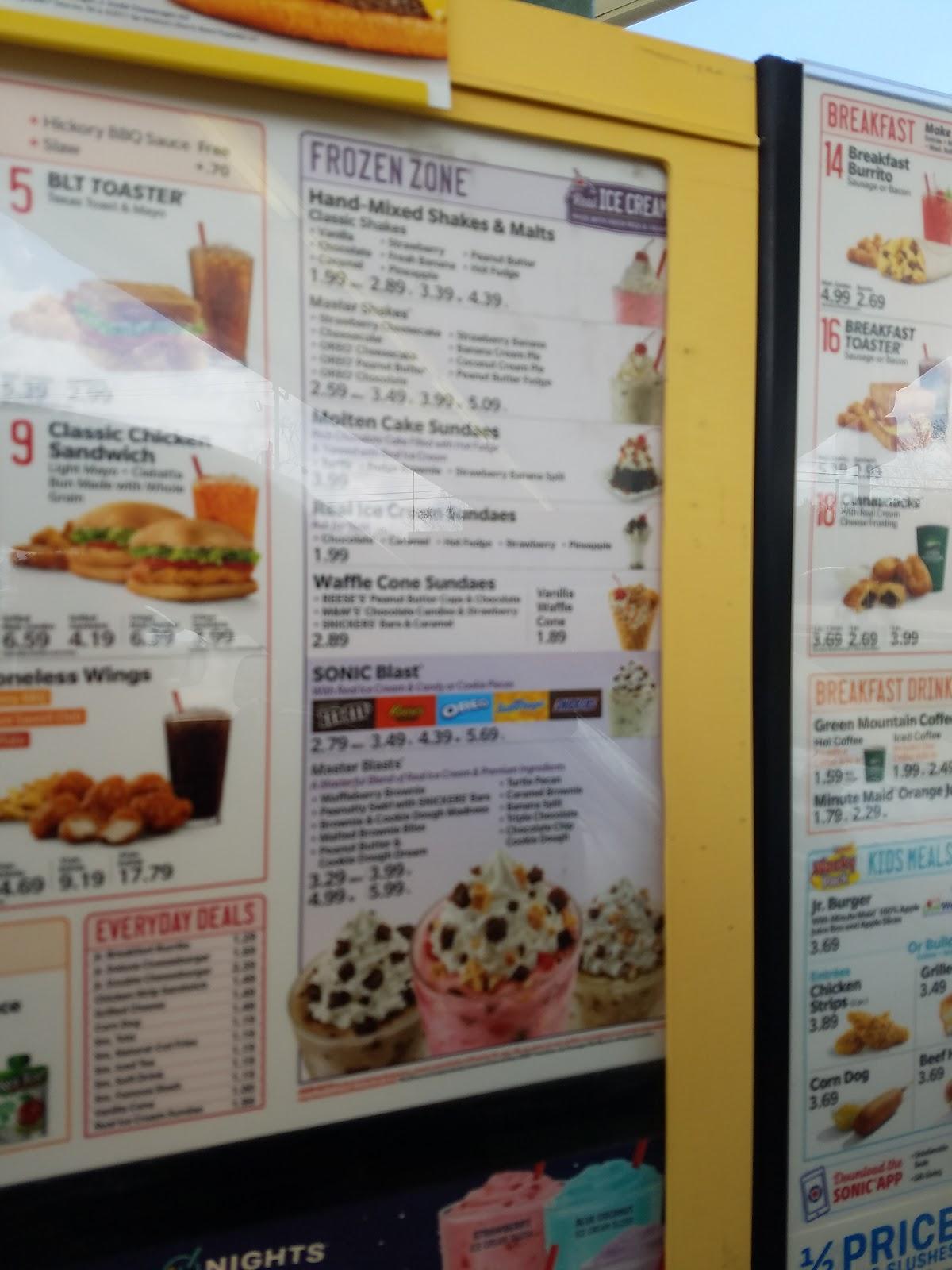 Menu at Sonic DriveIn fast food, Zebulon