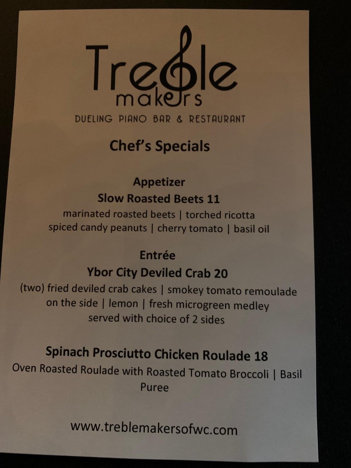 Menu at Treble Makers Dueling Piano Bar & Restaurant, Wesley Chapel South