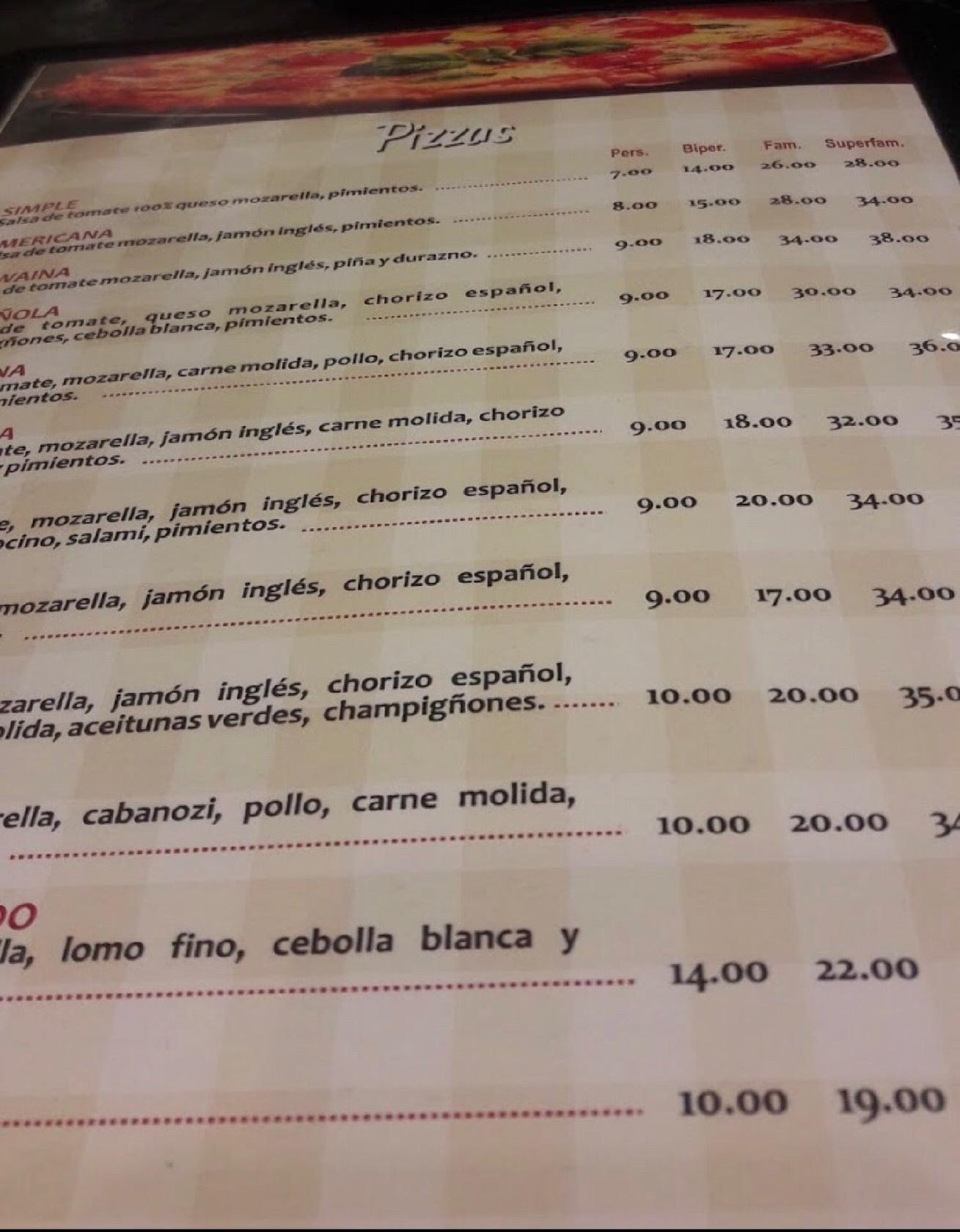 Carta de Pizzería Zarelle, Jesus Maria, Av. Arnaldo Márquez 1521