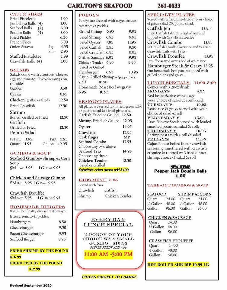 Carta del restaurante Carlton's Seafood, Baton Rouge