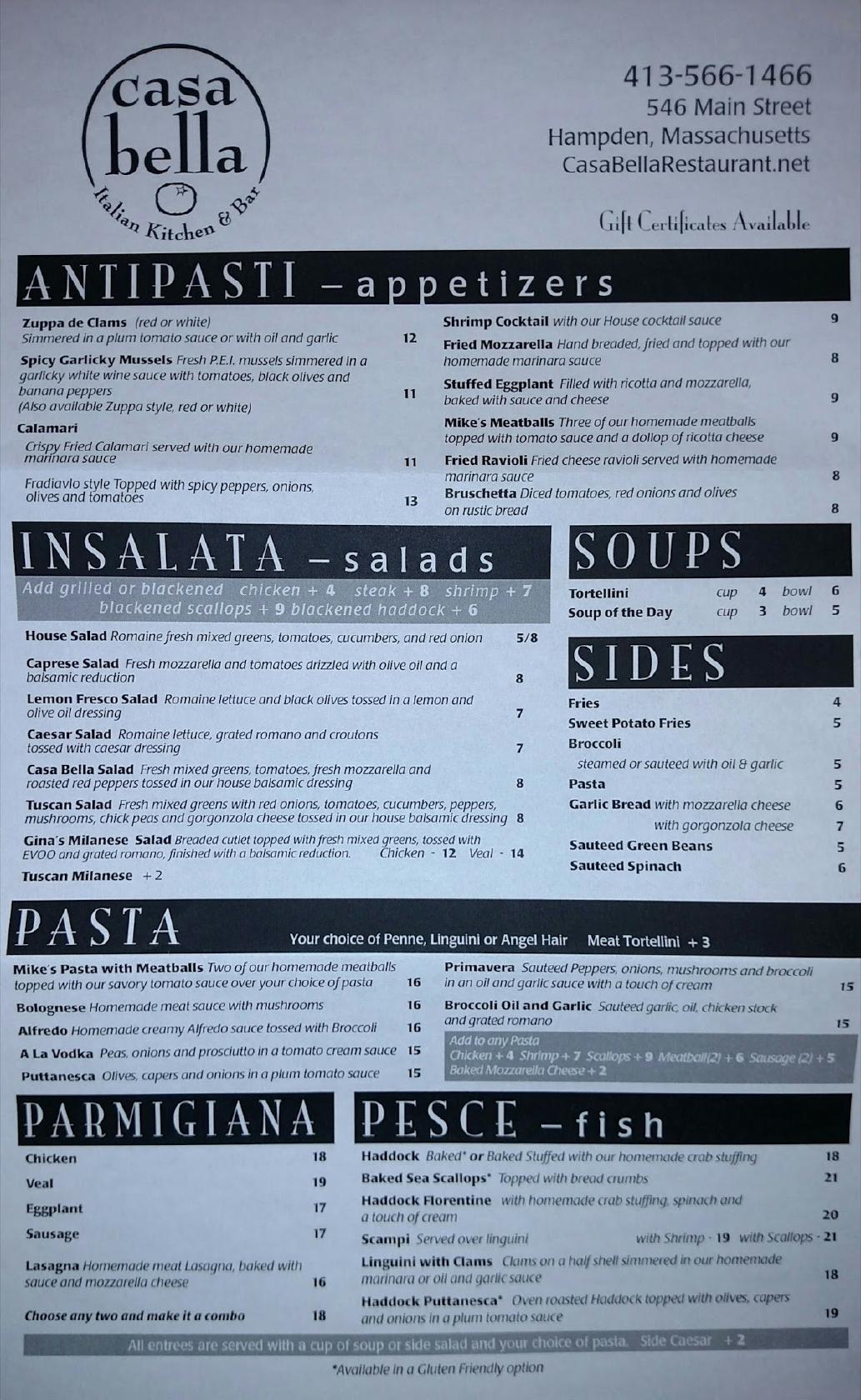 Menu at Casa Bella Italian Kitchen & Bar, Hampden