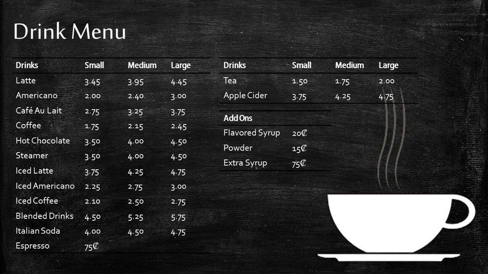 Menu at Coffee Zone, Bismarck