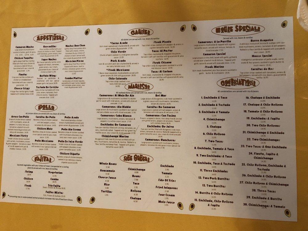 Menu at Margaritas Mexican Grill restaurant, Coos Bay