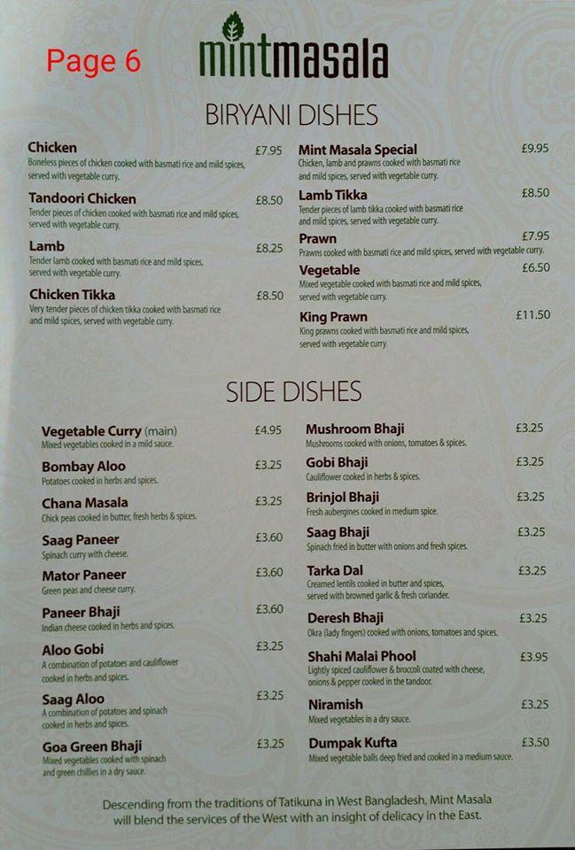 Menu at Mint Masala restaurant, Neath