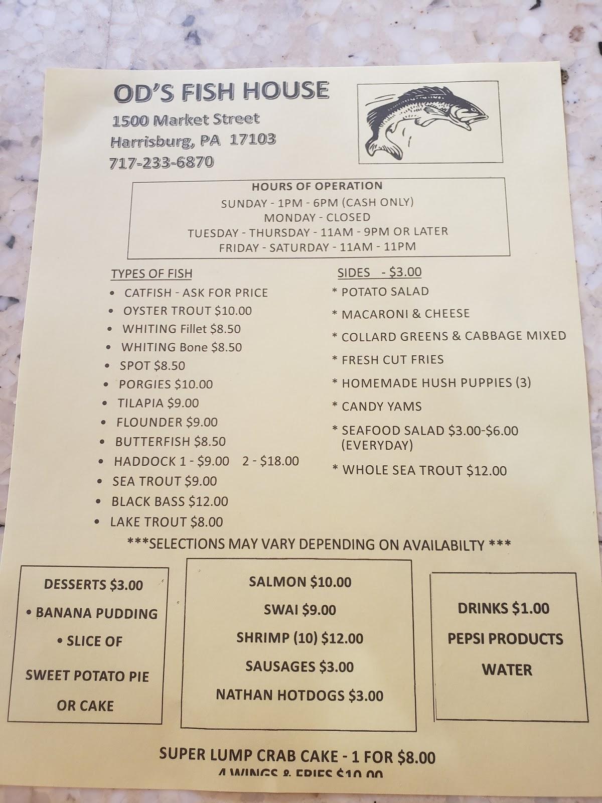 Menu at Od's Fish House restaurant, Harrisburg