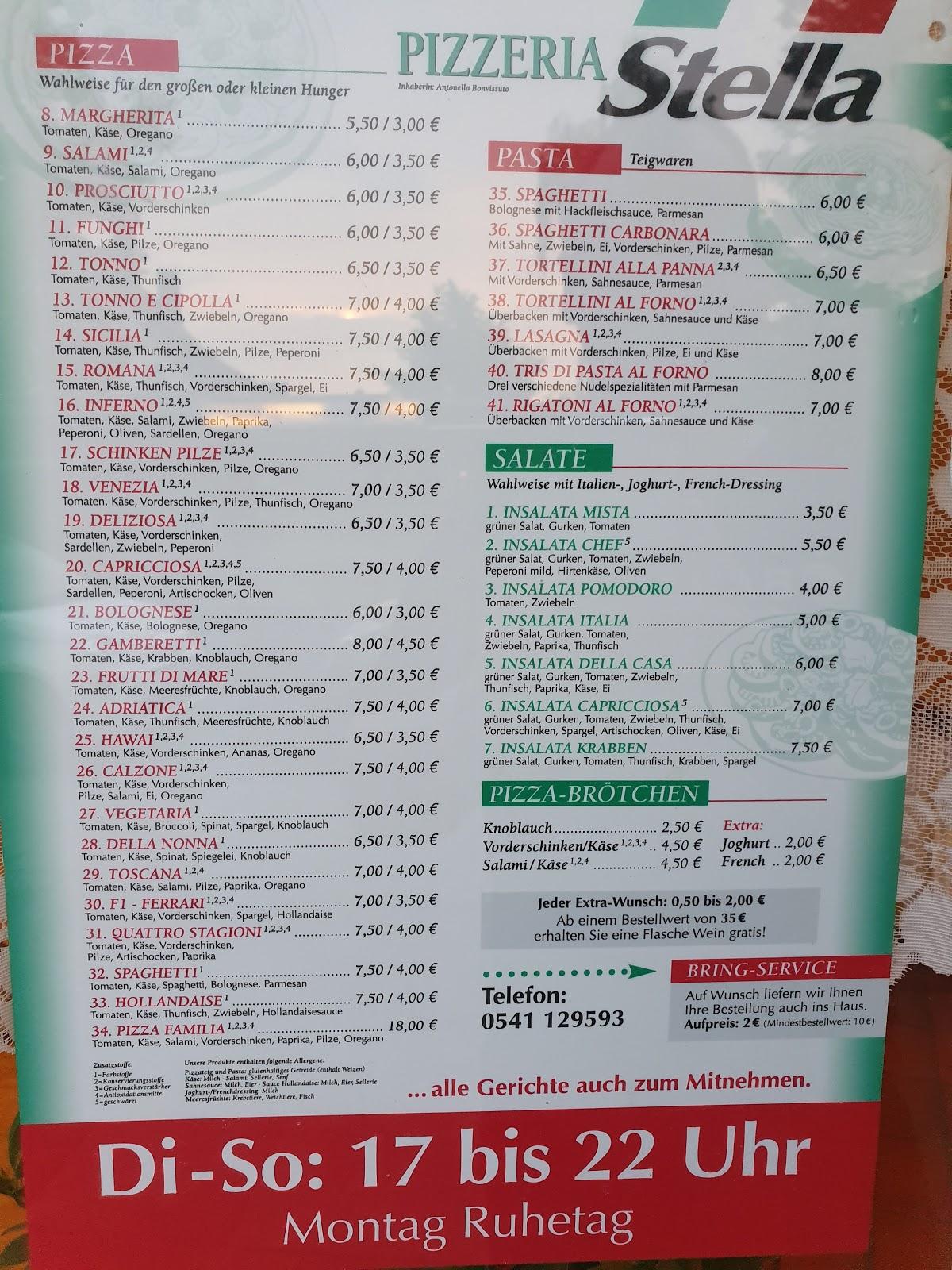 Speisekarte von Pizzeria Stella, Osnabrück