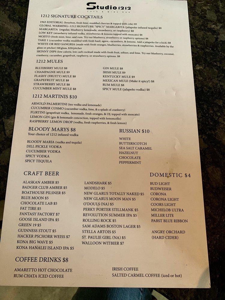 Menu at Studio 1212 Cafe & Wine Bar, Green Bay